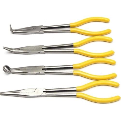 4Pcs 11 Inch Extra Long Pliers Set Straight Bent Tip Mechanic Equipment Hand Tools