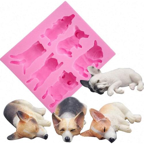 6-Cavity Sleeping Dog Corgi and French Bulldog Silicone Mold for Fondant Chocolate Candy Gum Paste Polymer Clay Resin