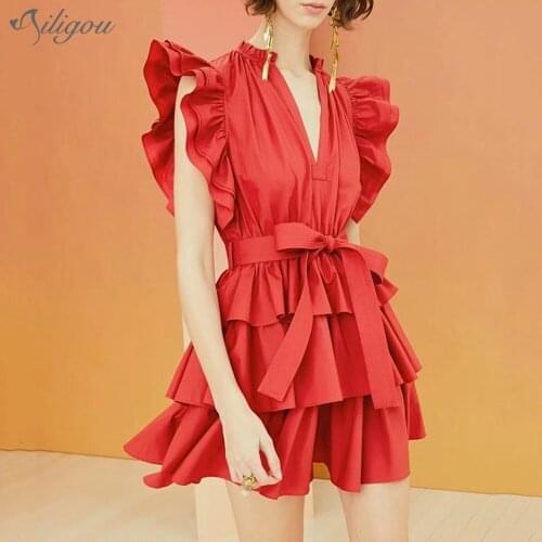 Ailigou 2021 Red White Yellow Ruffled Summer Dress WomenS V-Neck Sexy Mini Dress WomenS Fashion Summer New Style