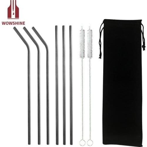Factory Free Shipping white Bag Set 6 straws+2 brushs stainless steel straws 2 sets/lot 6x267MM bent and straight