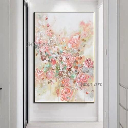 Large 100% hand painted flower abstract oil painting mural on canvas pink abstract peony flowers