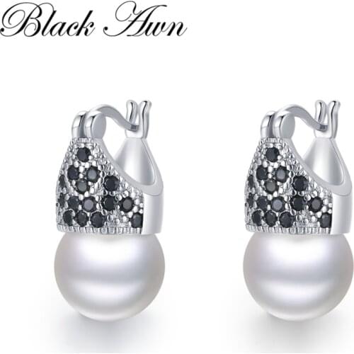 Black Awn Round Pearl Hoop Earrings for Women Classic 925 Sterling Silver Trendy Spinel Engagement Fine Jewelry I221