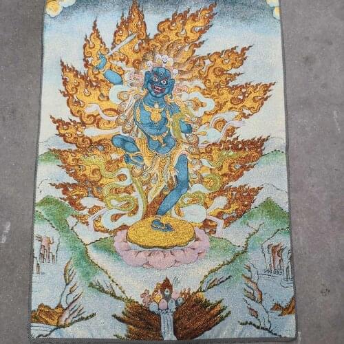 Home Decor 35" Thangka embroidery Tibetan Buddhism silk embroidery brocade Nepal Mahakala Buddha Statue Take the sword