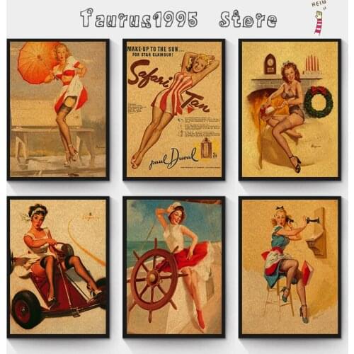 World War II PINUP GIRLS Classic Retro Kraft Paper Poster Sexy girl Decorative Painting Military Bar Cafe Home Room Decorb NO.3