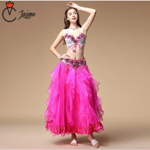 Belly Dance Costume Flowers Diamond Bra and Belt Stage Performance Women Dance Wear Egyptian Outfit Skirts