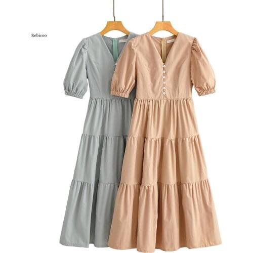 Summer Women Vintage Midi Dress V Neck Short Sleeve Ladies Elegant Dress