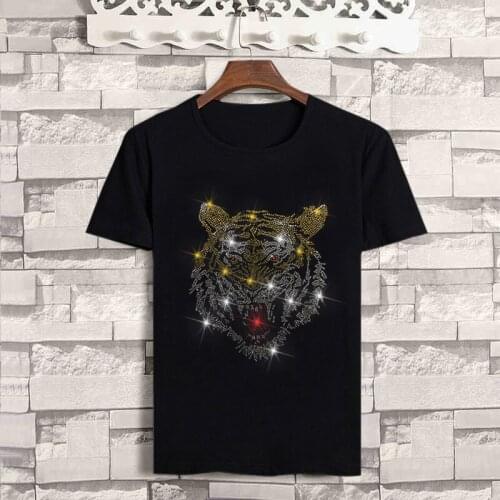 Summer trend round neck hot drill T-shirt young students tiger head thin short-sleeved mens casual cool bottoming shirt