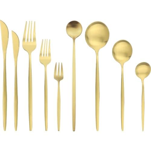 Matte Gold Cutlery Set Stainless Steel Dinnerware Cake Fork Long Handle Spoon Dessert Knife Tableware Flatware Silverware Set