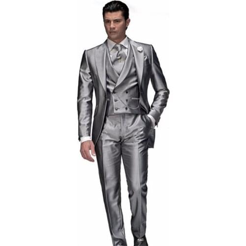 New Classic Men’s Suit Smolking Noivo Terno Slim Fit Easculino Evening Suits For Men Silver Tailcoat Groom Tuxedo