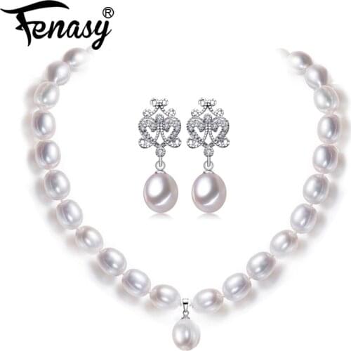 FENASY Natural Freshwater Pearl Necklaces For Women Rice Shape Pearl Earrings Wedding Engagement Jewelry