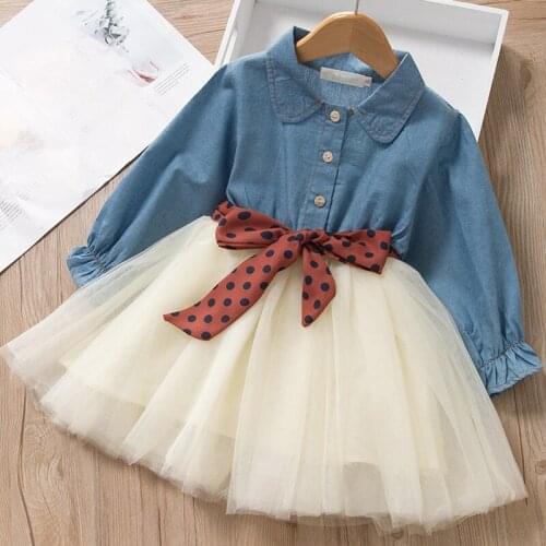 Spring Autumn 2021 Girl Dress Korean Denim Stitched Mesh Dress Can Unload Wave Point Belt Set Skirt