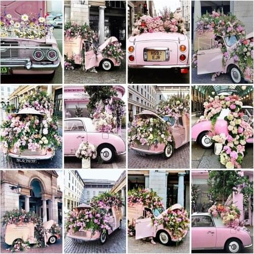 Pink Flowers Car 5D Diy Diamond Painting Full Square Round Rhinestone Embroidery Cross Stitch Kit Wall Art Home Decoration