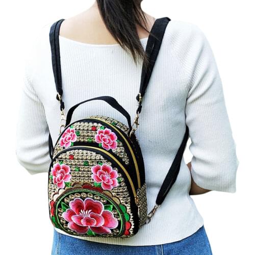 Women Backpacks Embroidered Multifunctional Bag Vintage Mini Backpack Flower Zipper Travel Women Girl Shoulder Bag Daypack