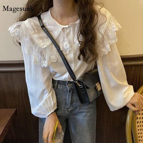 Peter Pan Collar Puff Sleeve Casual Vintage Tops Autumn Office Lady Fairy Basic Blouse Chic 2020 Lace Chiffon Female Shirt 11767