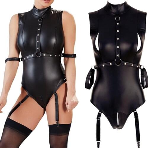 Sexy Women Faux Leather Teddy Bodysuit with Arm Restraints Breast Zip Garter Belt Sub Role Play Fetish Costume