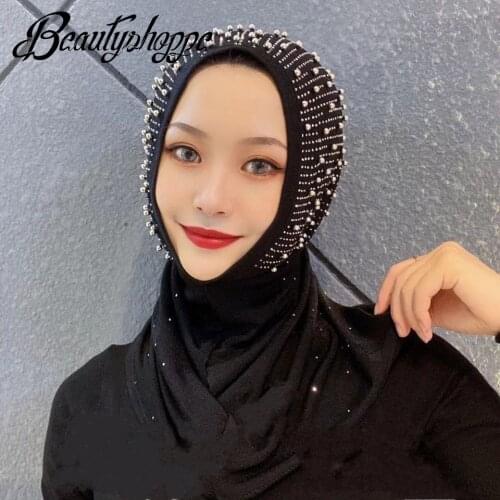 Instant Amira Cap Women Beaded HIjab Pull On Shawls Muslim Islamic Headscarf Wrap Arab Scarves Khimar Ramadan Headwear
