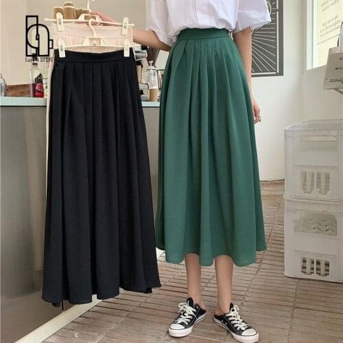 Luck A Candy-Colored Pleated Skirt Women Summer Casual Simple Midi Skirt 2021 A-Line High Waist Skirts Students Streetwear