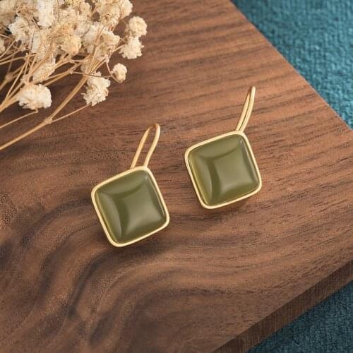 Retro Square Green Stone Earrings for Women Tassel Vintage Palace Ethnic Dating Jewelry 2021 Trend Fashion Earring Friends Gift