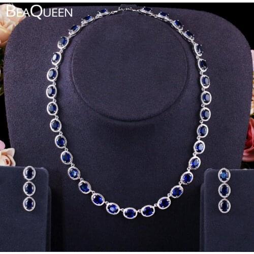 BeaQueen Stunning Big Oval Dark Blue Cubic Zirconia Stones Earrings Choker Necklace Wedding Jewelry Sets for Women JS272
