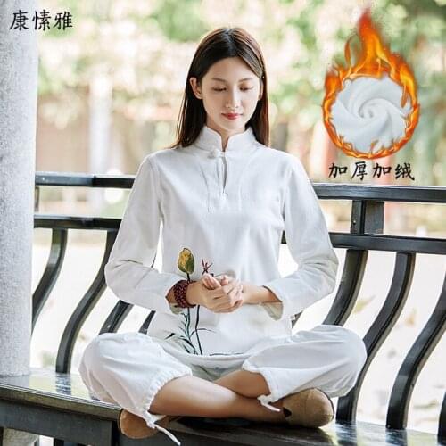 Winter Thick Fleece Women Yoga Set Linen Warm Loose Shirt+pant Meditation Kungfu Tai Chi Jogger Casual Workout Set Sportswear