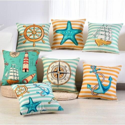 45x45cm Nautical Style Pillow Cover Rudder Anchor Boat Pattern Cotton Linen Sofa Car Decorative Throw Cushion Cover