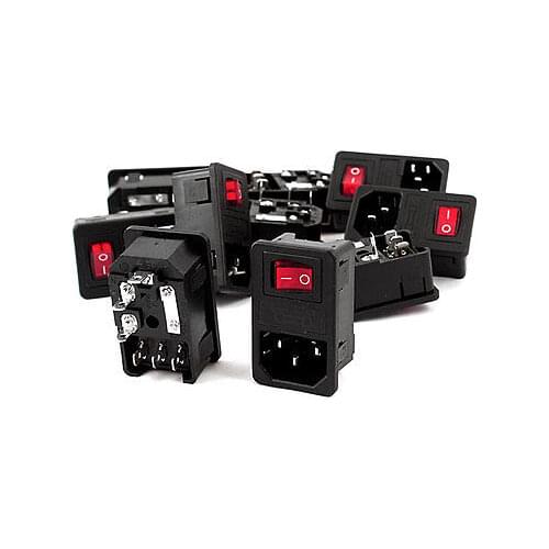 AC250V 10A IEC 320 C14 Inlet Panel Socket w Fuse w Red Light Rocker Switch 10Pcs
