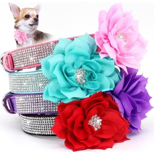 Bling Rhinestone Dog Collar With Flower Accessory Soft Suede Leather Cat Puppy Collars Necklace For Small Medium Dogs Cats