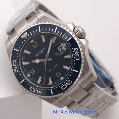 Bliger 43mm Blue Dial Mens Automatic Watch Sapphire Glass Date Waterproof Luminous Mechanical Watch