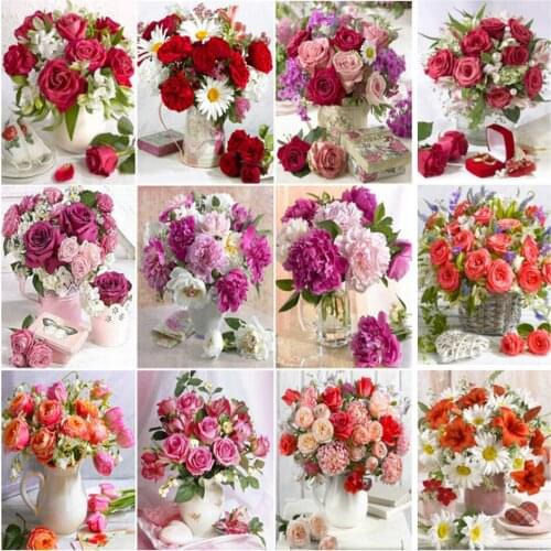 DIY 5D Diamond Painting Cross Stitch Rose Flower In Vase Needlework Diamond Embroidery Mosaic Crystal of Rhinestone Home Decor