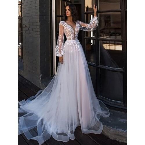 Elegant Sexy Wedding Dress With Romantic Lace Applique And Soft Yarn And Deep V-Neck Long-Sleeved Bohemian Dresses Customized