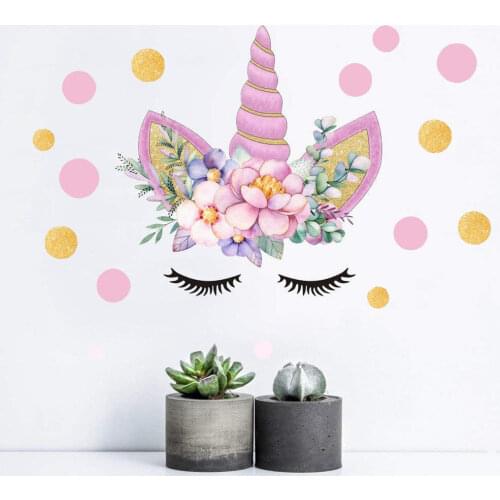 Unicorn Hearts Art Wall Stickers Girls Bedroom Decals Gold Pink Polka Dots Decor Newborn Baby Kids Birthday Party Wall Stickers
