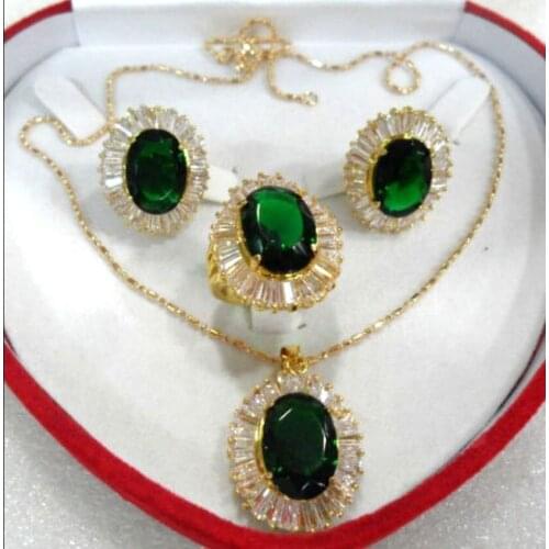 Fine 10*14mm green zircon earring pendant ring #7,8,9