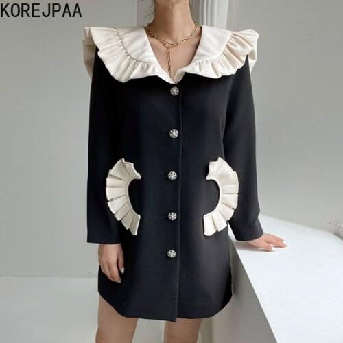 Korejpaa French Retro Dress Women Color Contrast Turn-down Collar Ruffled Patchwork Chic Button Up Long Sleeve Mini Vestidos