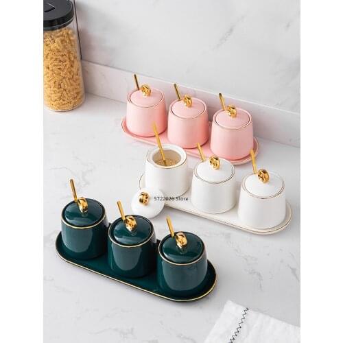Kitchen seasoning tool sugar bowl creative dark green ceramic seasoning jar set household lidded salt shaker seasoning box