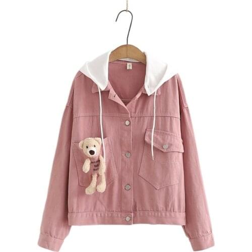 Women Hooded Denim Jacket Bear Appliques Kawaii Coat 2021 Autumn Full Sleeve Single Breasted Cute Korean Ladies Pocket Outwears