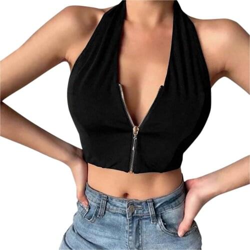 Solid Zipper Up Off-shoulder Camis Vest Ladies Tight Deep V-neck Tank Tops High Street Sleeveless Spaghetti Strap Singlet Топ