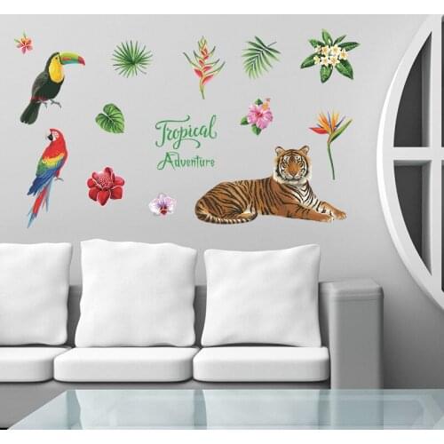 Tiger Parrot Flowers Wall Stickers For Home Decoration Diy Kids Room Bedroom Animal & Plant Wall Art Pvc Nursery Decal