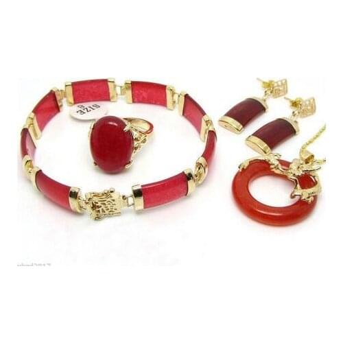 Charming Red Jades Dragon Pendant Necklace ring, bracelet,Earring Sets