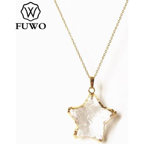 FUWO Rough Pentagram Crystal Quartz Necklace With Gold Trimmed Natural White Crystal Fashion Jewelry For Women Gift NC265