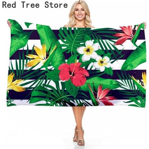 Custom Personalized 3D Print Microfiber Beach Towel Kids Adults Rectangle Shape Shower Cover with Tropical Plants Flower Leaves