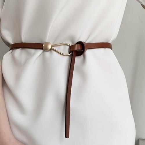 New Women Thin Leather Belt Casual Golden Buckle Knot Belts Black PU Strap Dress Trousers Girdle Female Designer Waistband