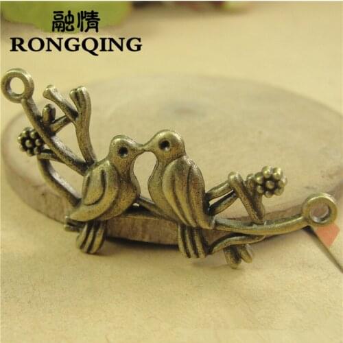 RONGQING 50pcs/lot 48*27MM Birdie Branches Kissing Birds Couple Pendant Jewelry Accessories DIY