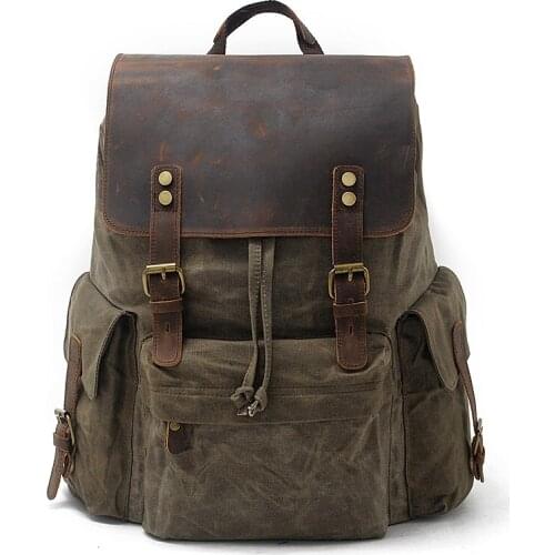 Backpack Waterproof Batik Canvas Cowhide American Retro Outdoor Hiking Travel Bag Large Capacity