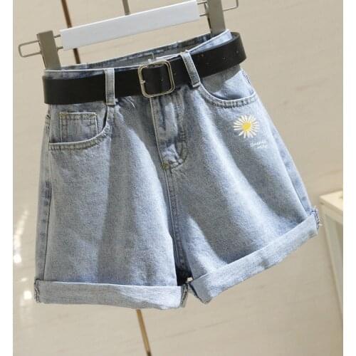 Wide Leg Pants Student Curling Hot Pants Trend 2021 Love Denim Shorts Female High Waist Slimming Summer New Embroidery Loose