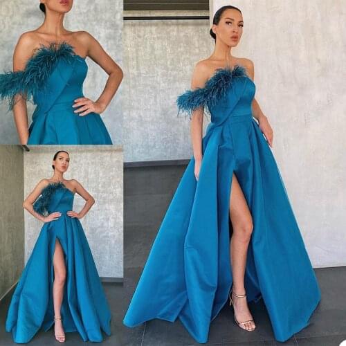 Feather Blue Evening Dresses Strapless Neck Off Shoulder Party Gown Sexy Thigh Split Vestidos Prom Dress