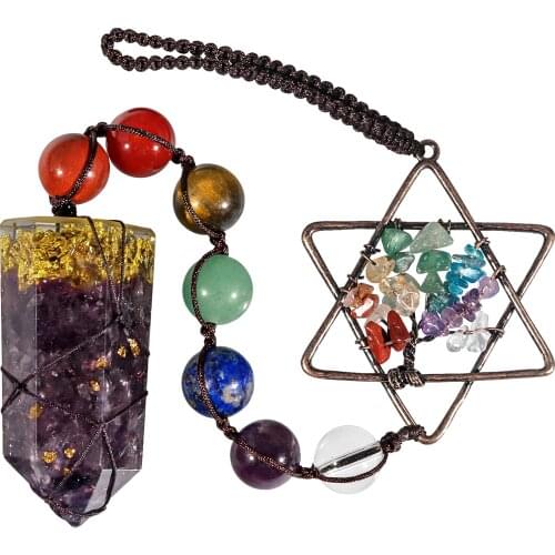 Hexagram Tree of Life Hanging Ornament, 7 Chakra Healing Stones with Rock Quartz Crystal Wand for Home Car Decoration