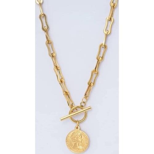 Vintage Metal Coin Necklace Women Gold/Silver Color Stainless Steel Elizabeth Medallion Toggle Necklace Choker Collier Femme