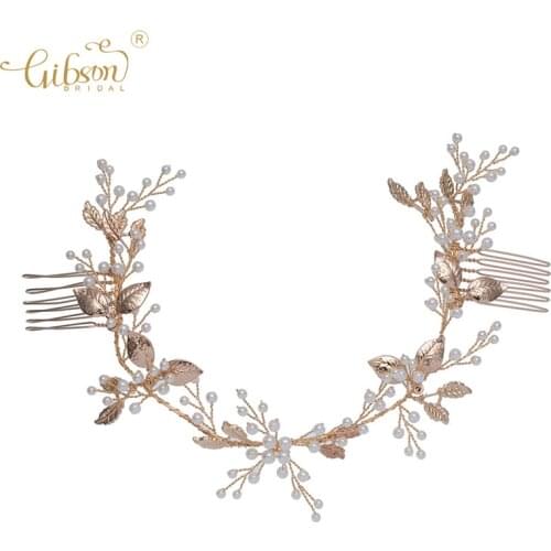 Anniversary Party Jewelry Headband Golden Leaf Bridal Hair Comb Accessories Wedding Side Combs With Pearl