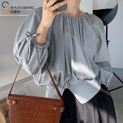 Women Shirts Female Blouse Tops 2021 Spring Summer Fashion Loose Vintage Shirring Round Neck Raglan Lantern Sleeve Bow Cuff Slit