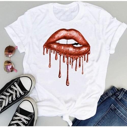 Women Cartoon Lip Funny Clothing Cute 2021 Short Sleeve Graphic Summer Fashion Print Female Clothes Tops Tees Tshirt T-Shirt
